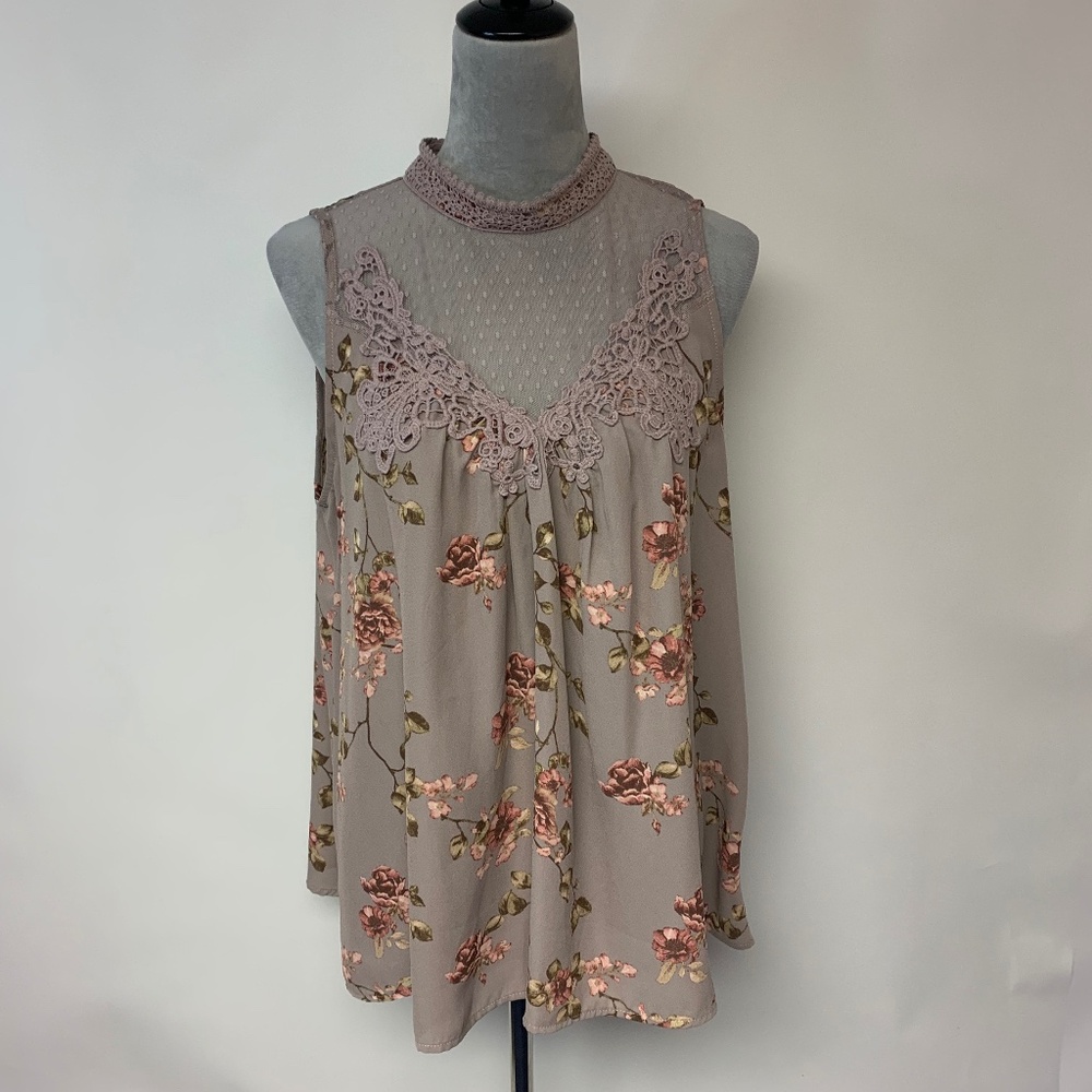 Xhilaration Womens Blouse SZ XXL taupe floral illusion bodice romantic cottageco
